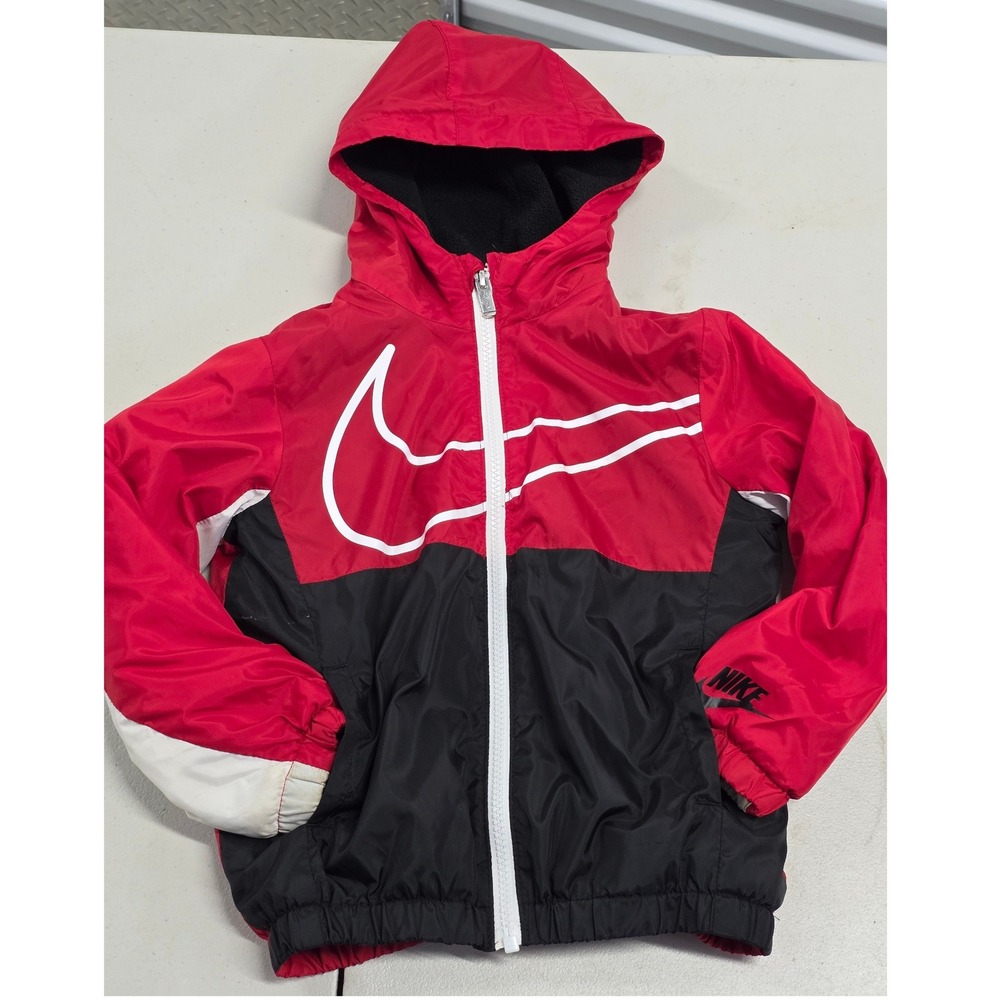 Nike Boys Red Black White Colorblock Fleece Lined Hooded Windbreaker Jacket 5 S